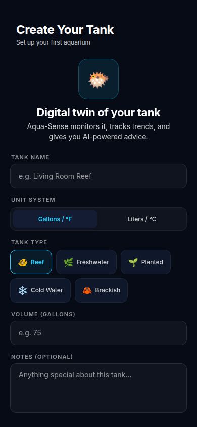AquaSense create tank onboarding screen with fields for name, unit system, tank type, and volume.