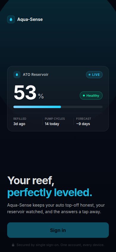 AquaSense home screen showing the ATO Reservoir at 53% with live status, refill history, and pump cycle stats.