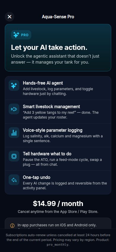 AquaSense Pro upgrade screen describing the AI tank assistant features.