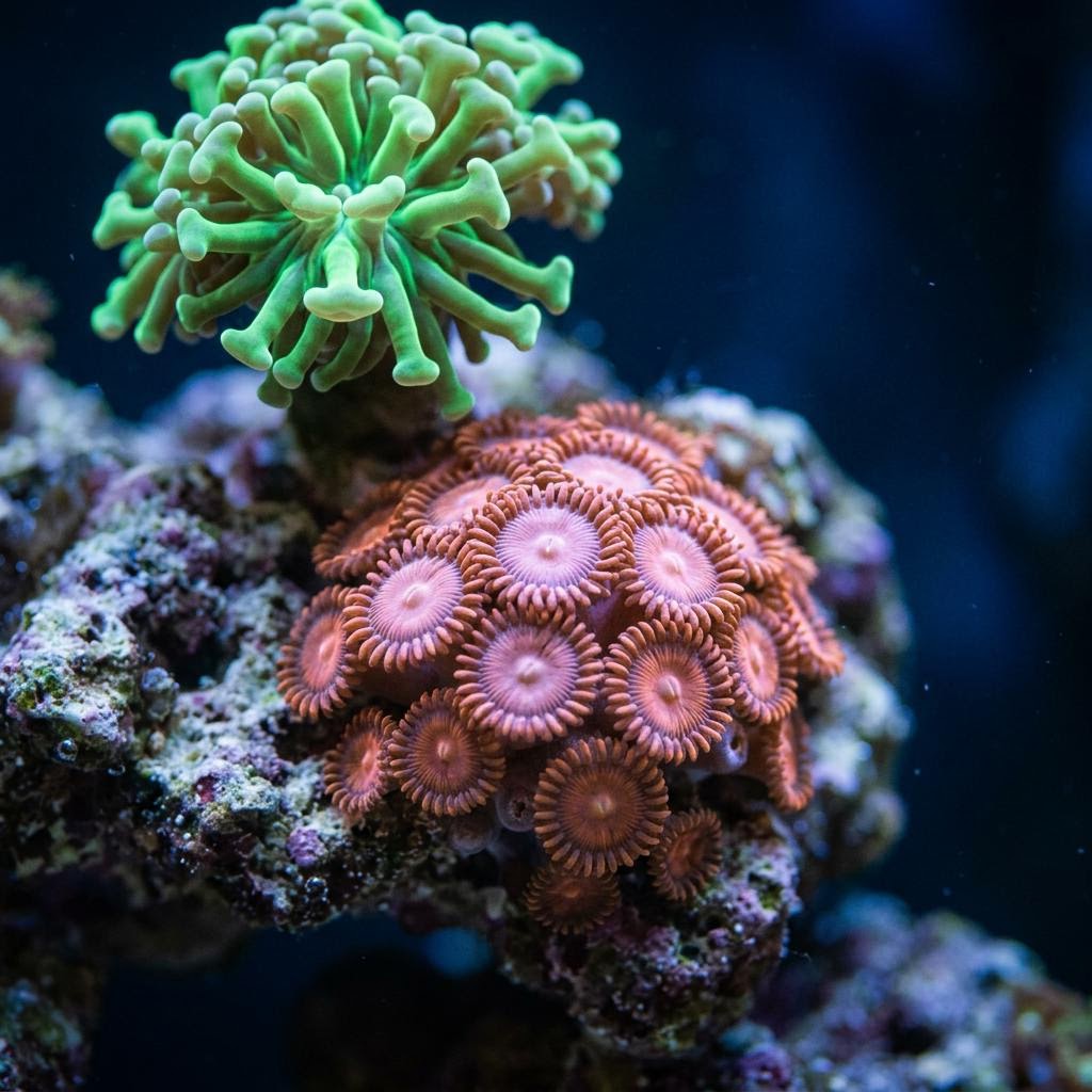 Close-up of zoanthid and hammer coral polyps in a reef tank.